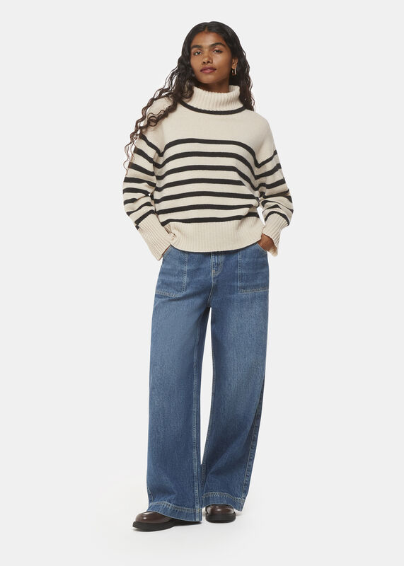 Ivory Petite Stripe Wool Roll Neck