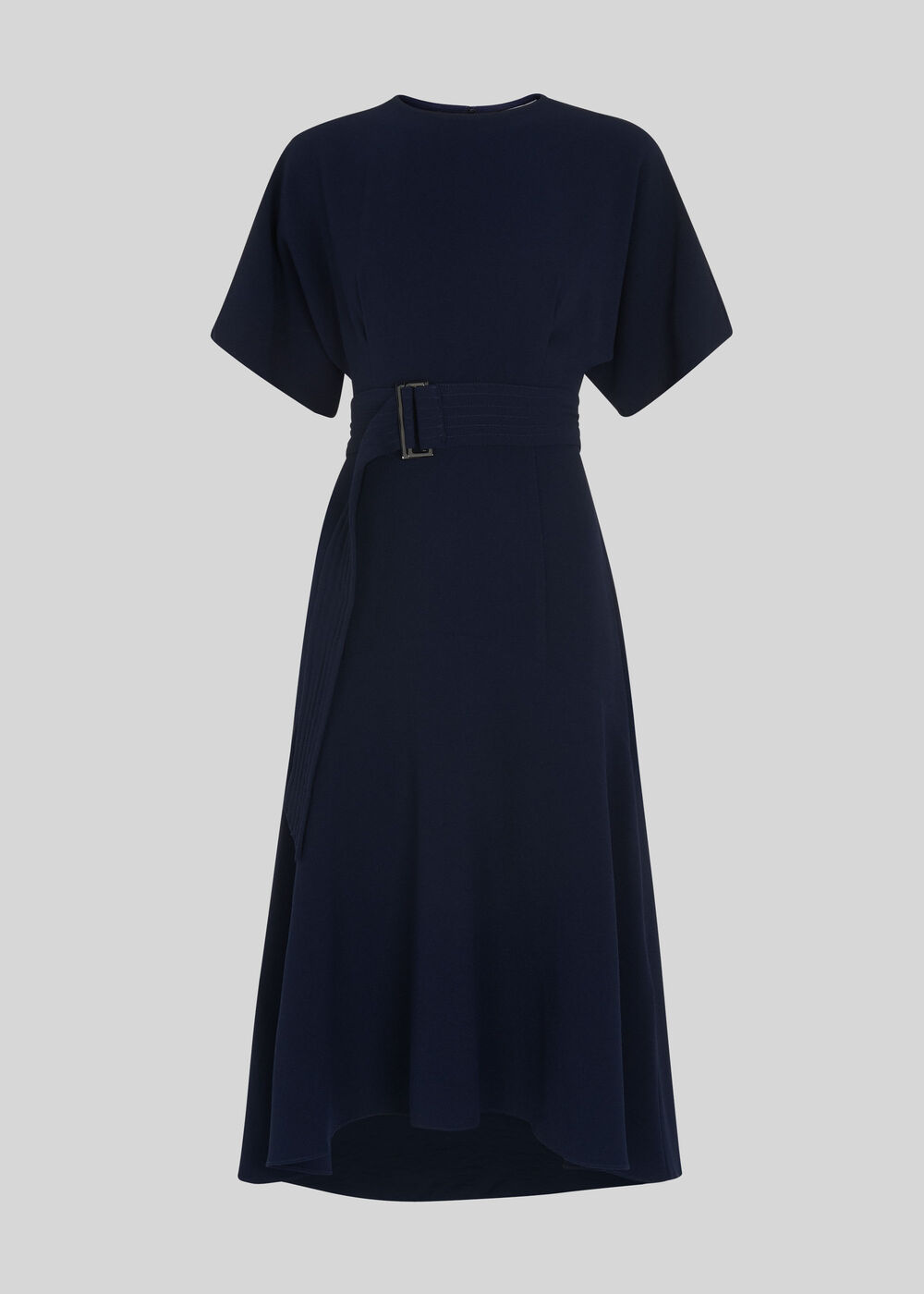 Textured Belted Midi Dress Navy