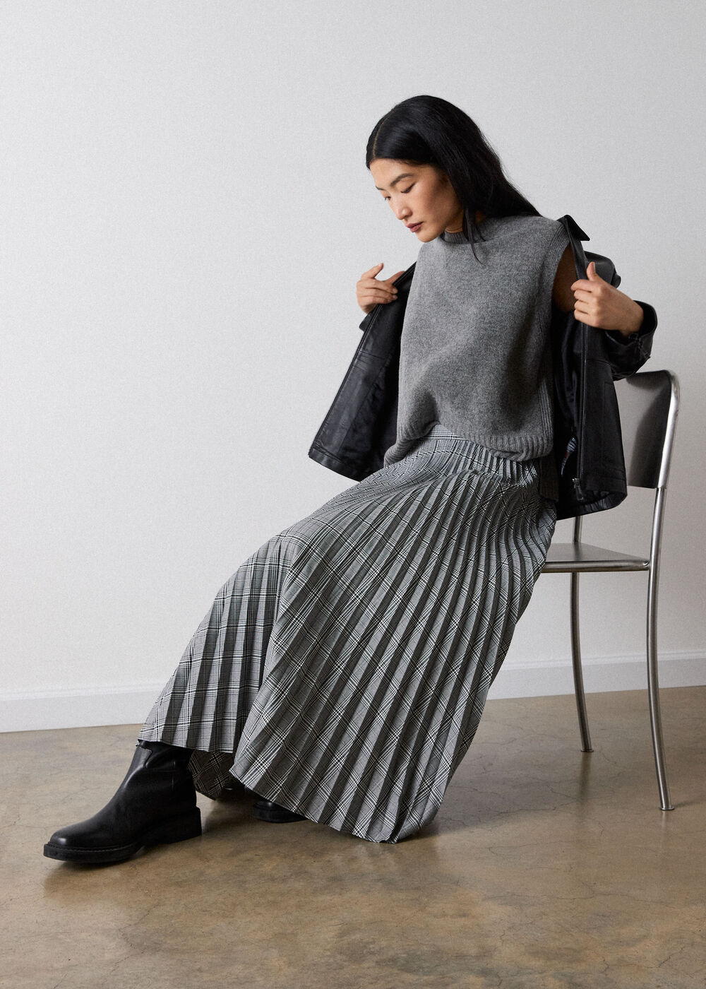 Check Pleated Midi Skirt