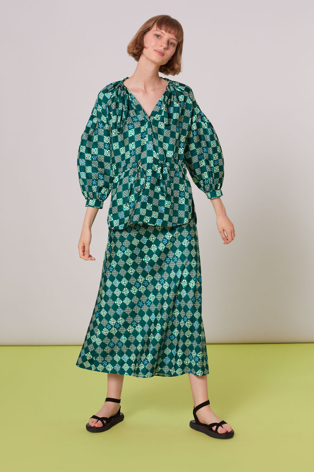 Green Silk Checkerboard Bias Skirt