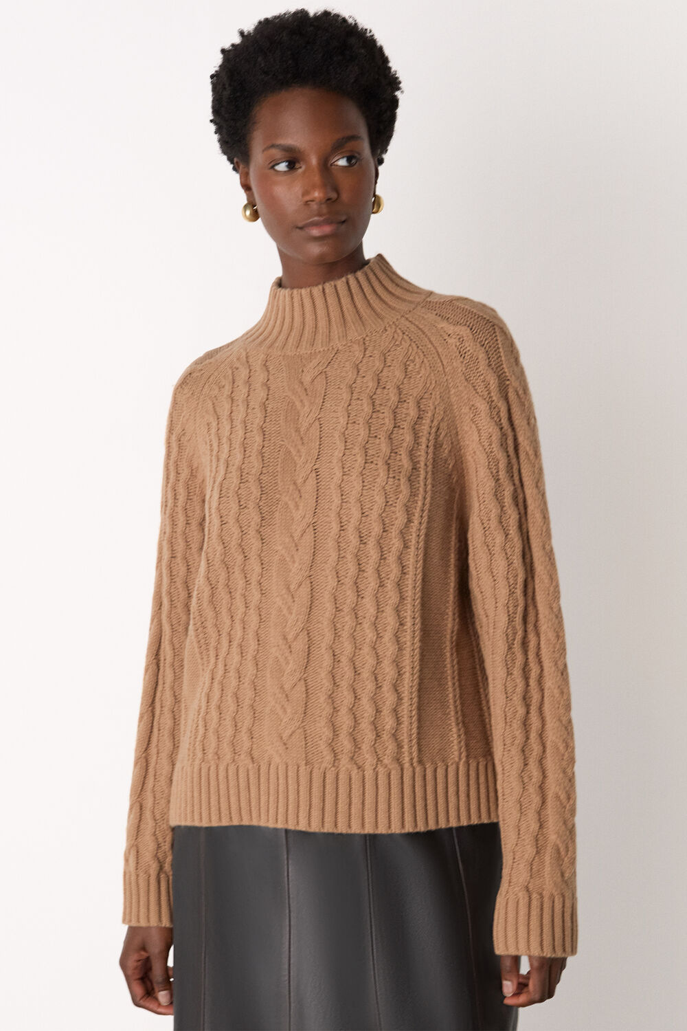 Camel Cable Wool Mix Detail Knit