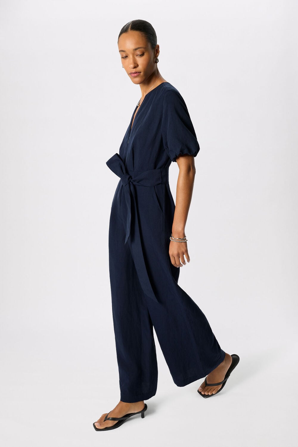Navy Linen Blend Tie Waist Jumpsuit