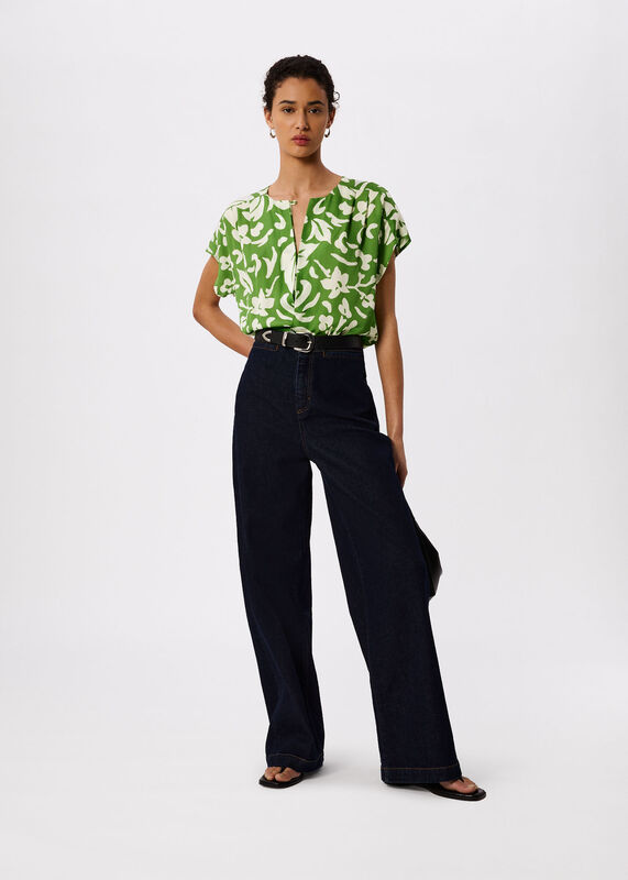 Green Floral Keyhole Blouse