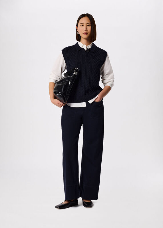 Navy Wide Leg Casual Cotton Trouser