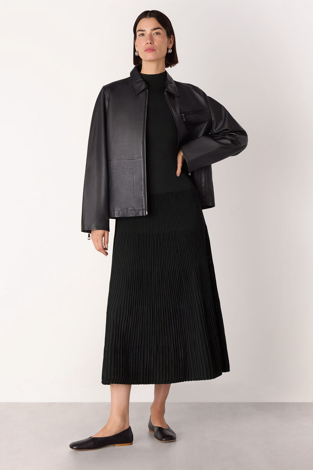 Black Funnel Neck Pleated Knit Dress
