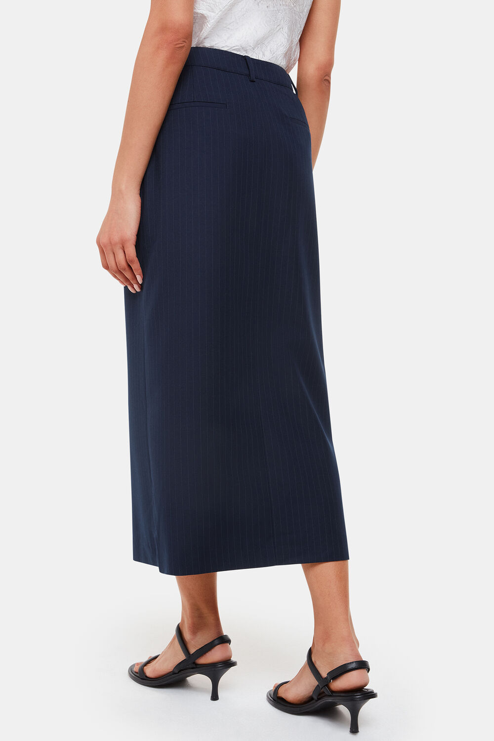 Navy Pinstripe Tailored Midi Skirt