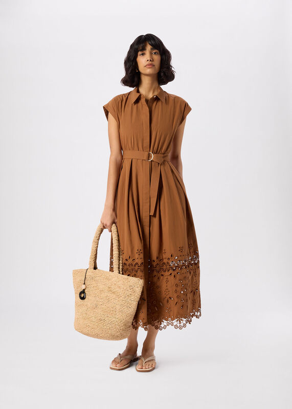 Camel Cotton Broderie Shirt Dress