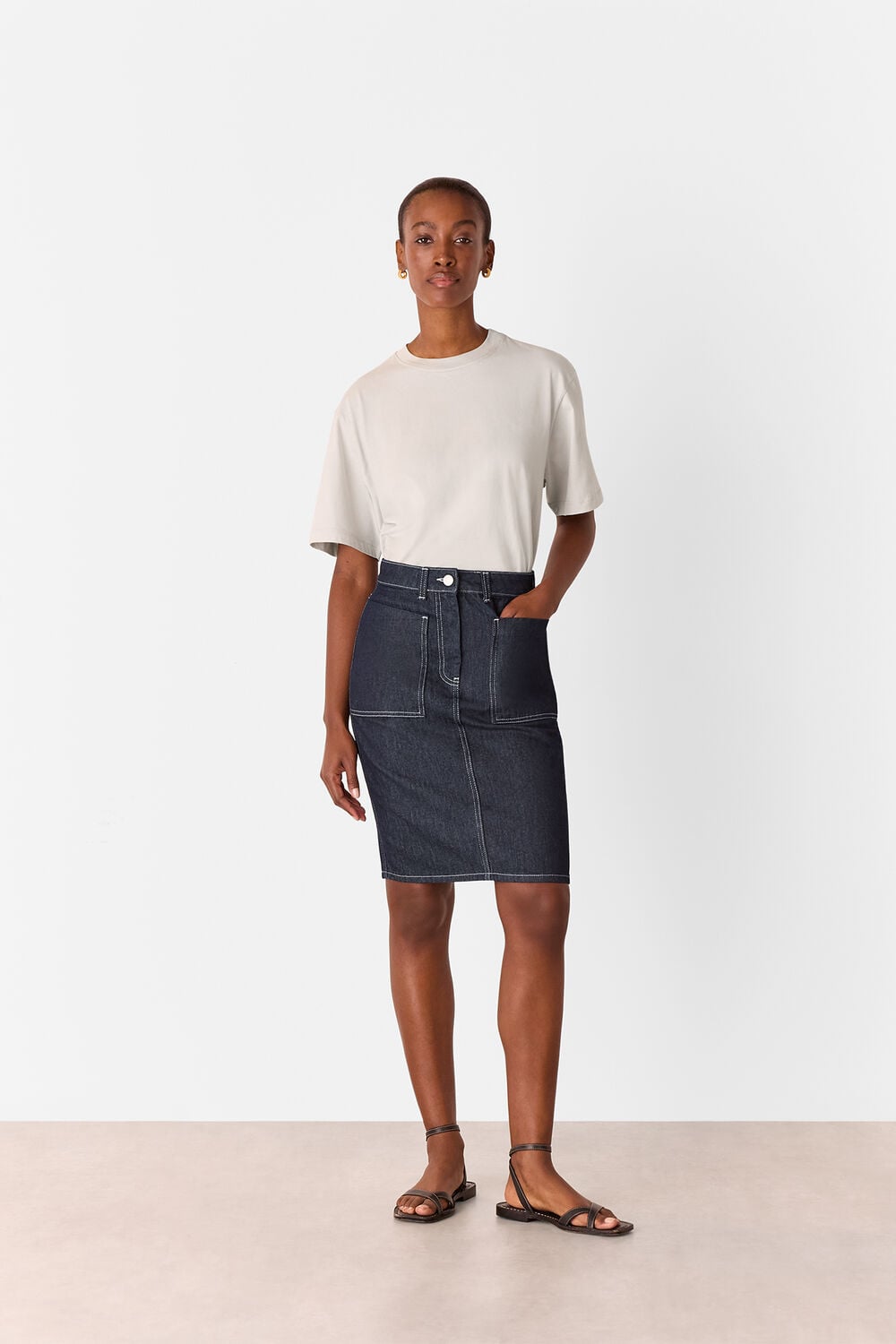 Contrast Stitch Midi Skirt