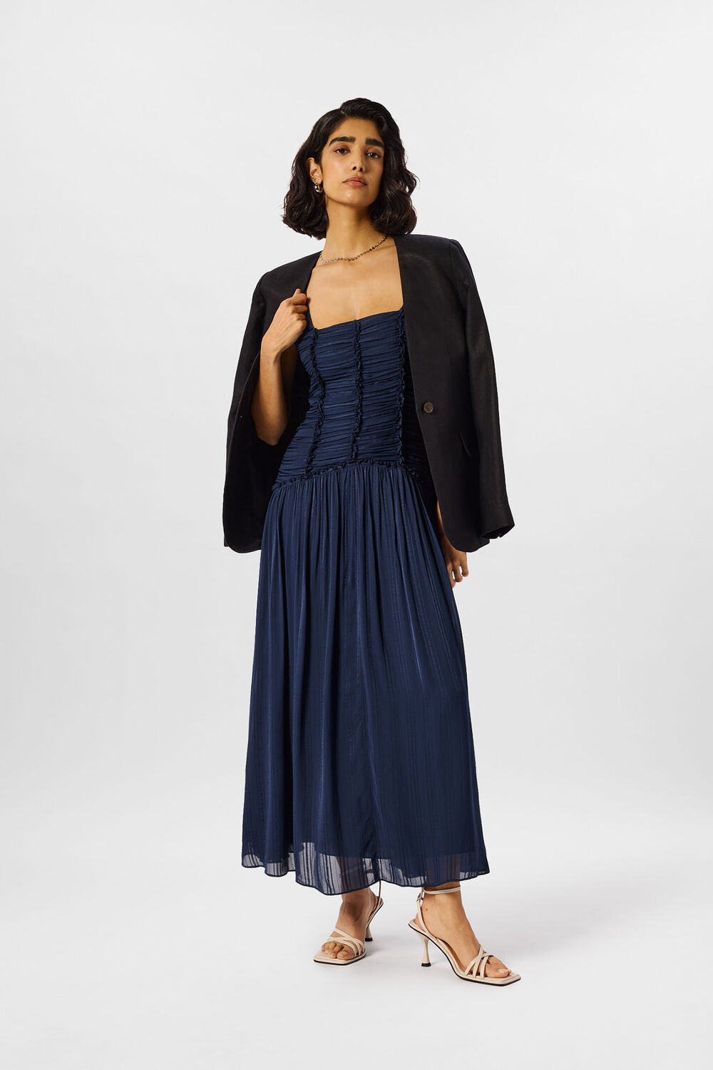 Navy Shirred Bodice Dress