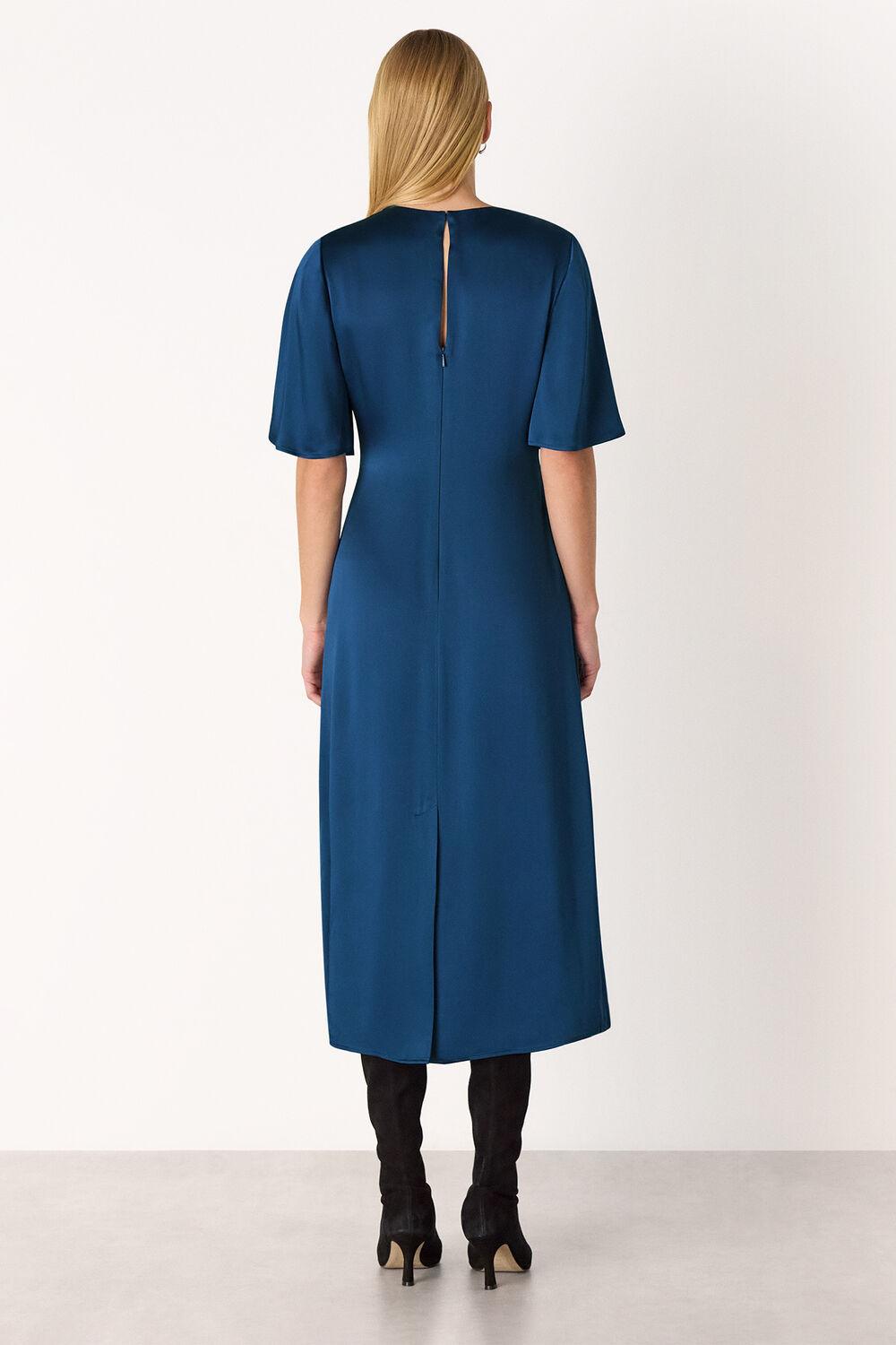 Blue Satin Twist Waist Midi Dress