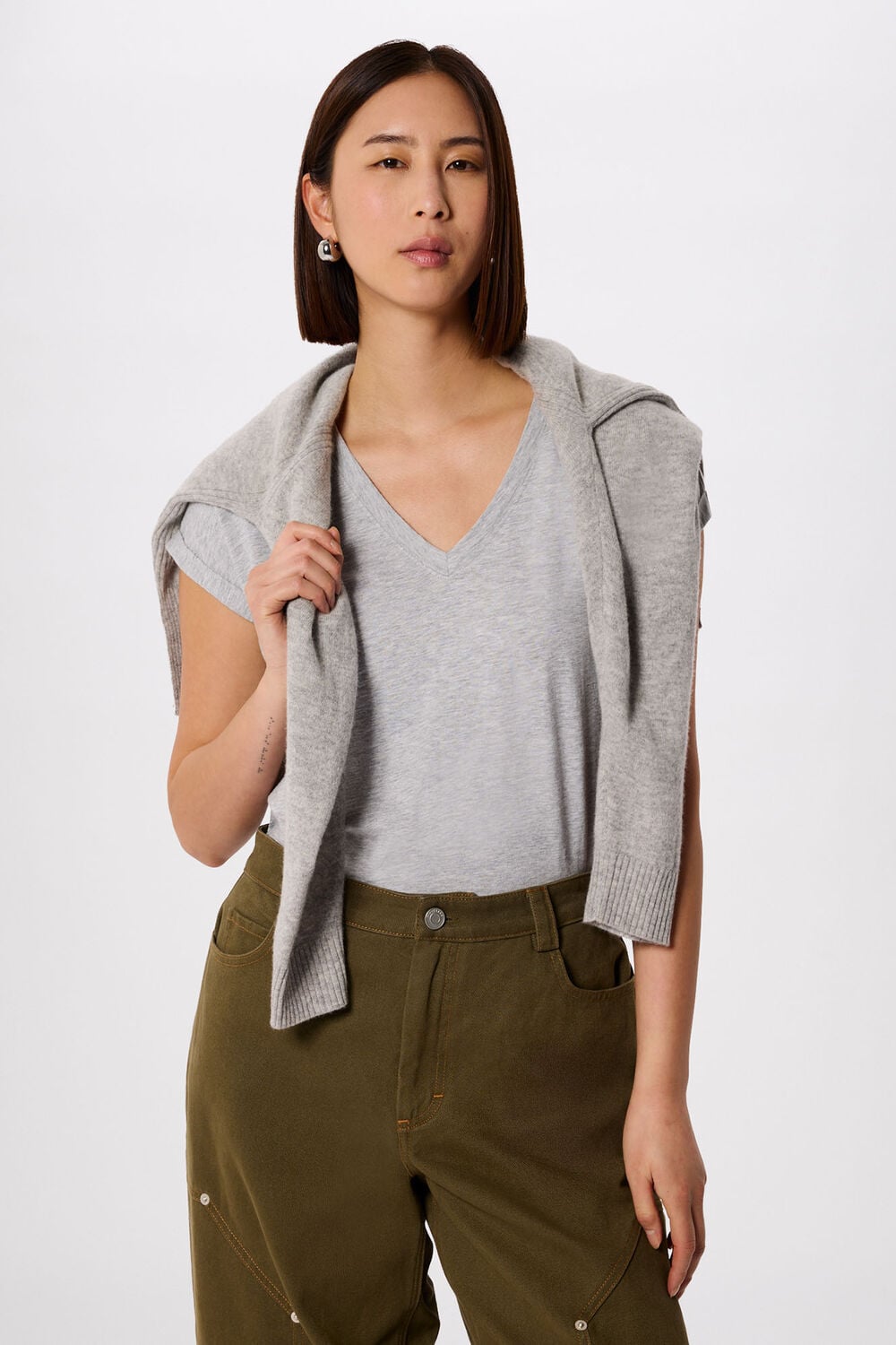Grey Marl Willa V-Neck Cap Sleeve Tee