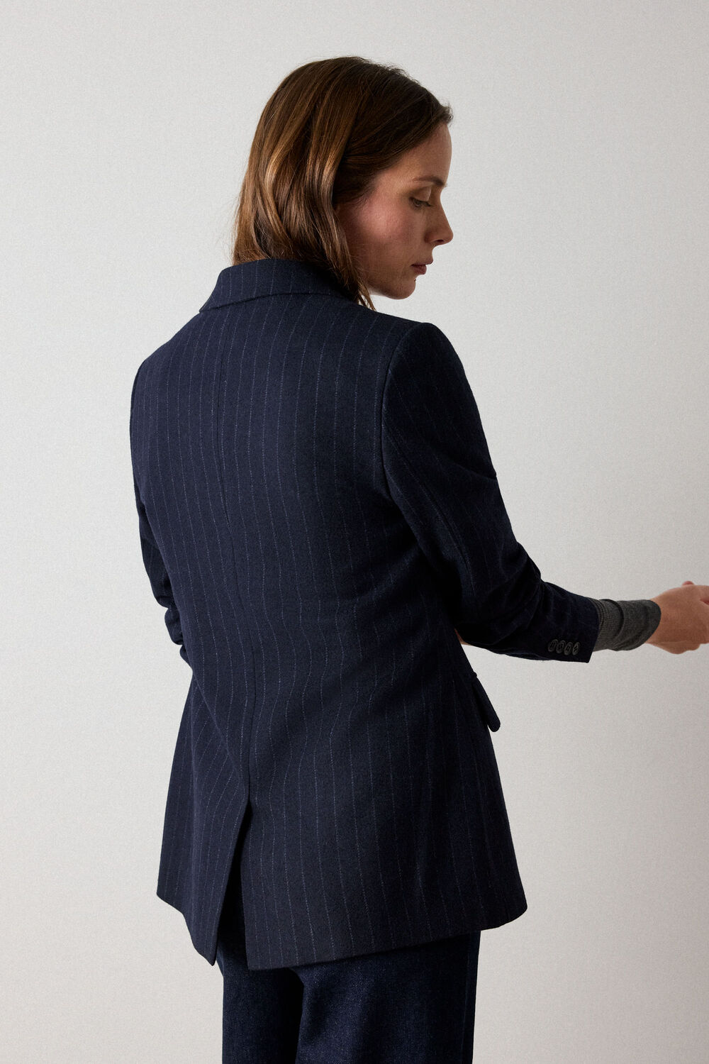 Navy Pinstripe Wool Blend Blazer