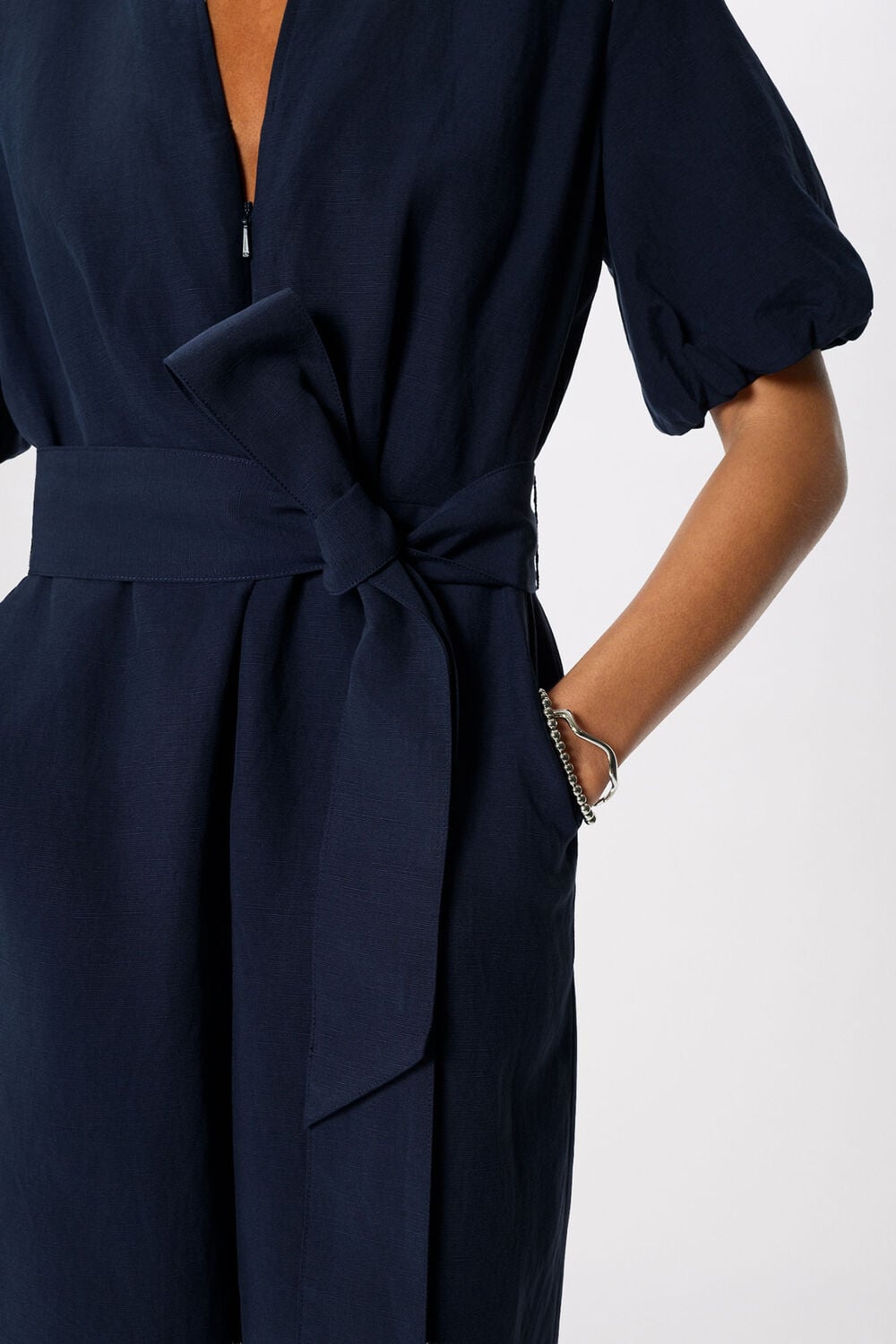 Navy Linen Blend Tie Waist Jumpsuit