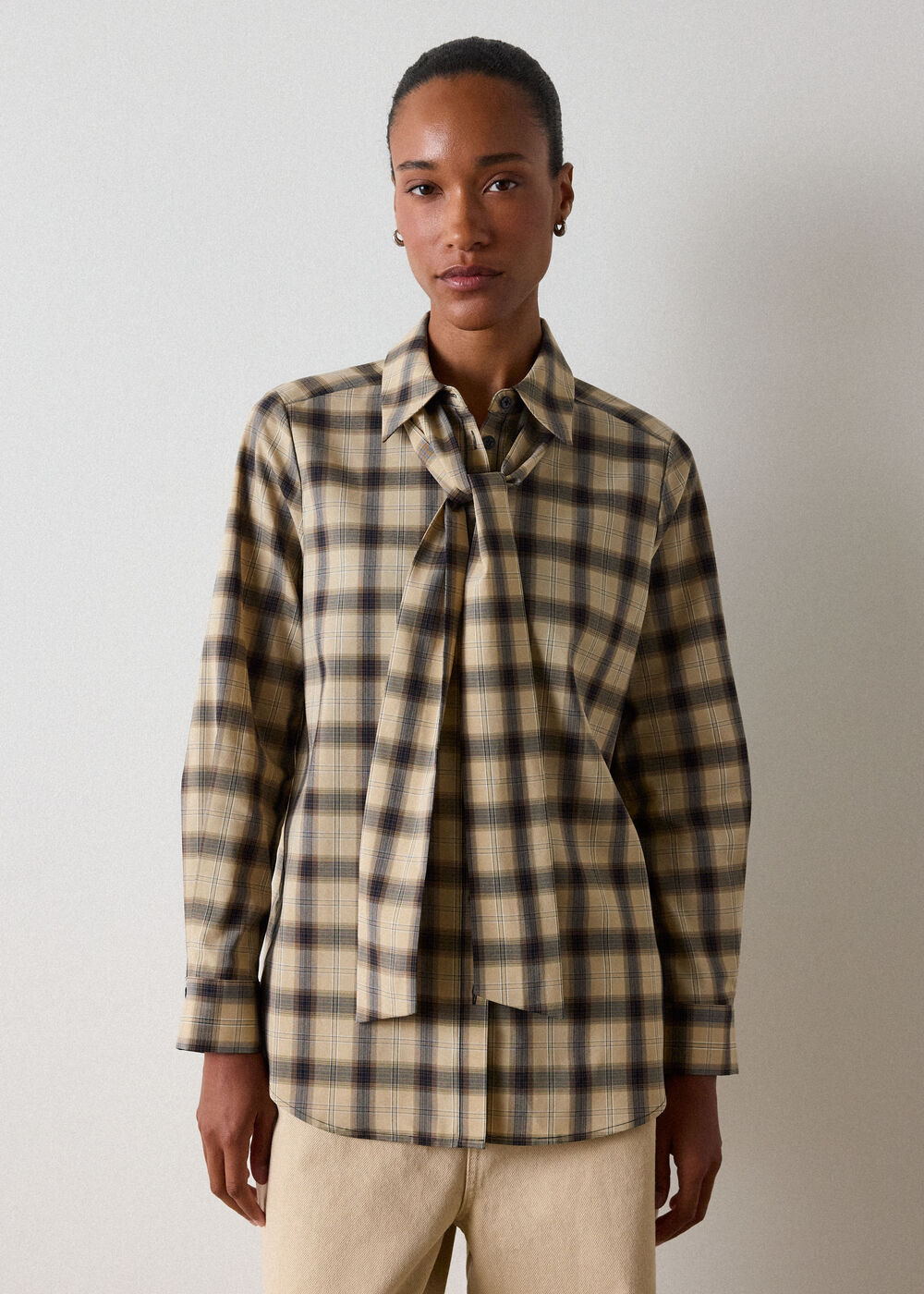 Brown Detachable Scarf Check Shirt