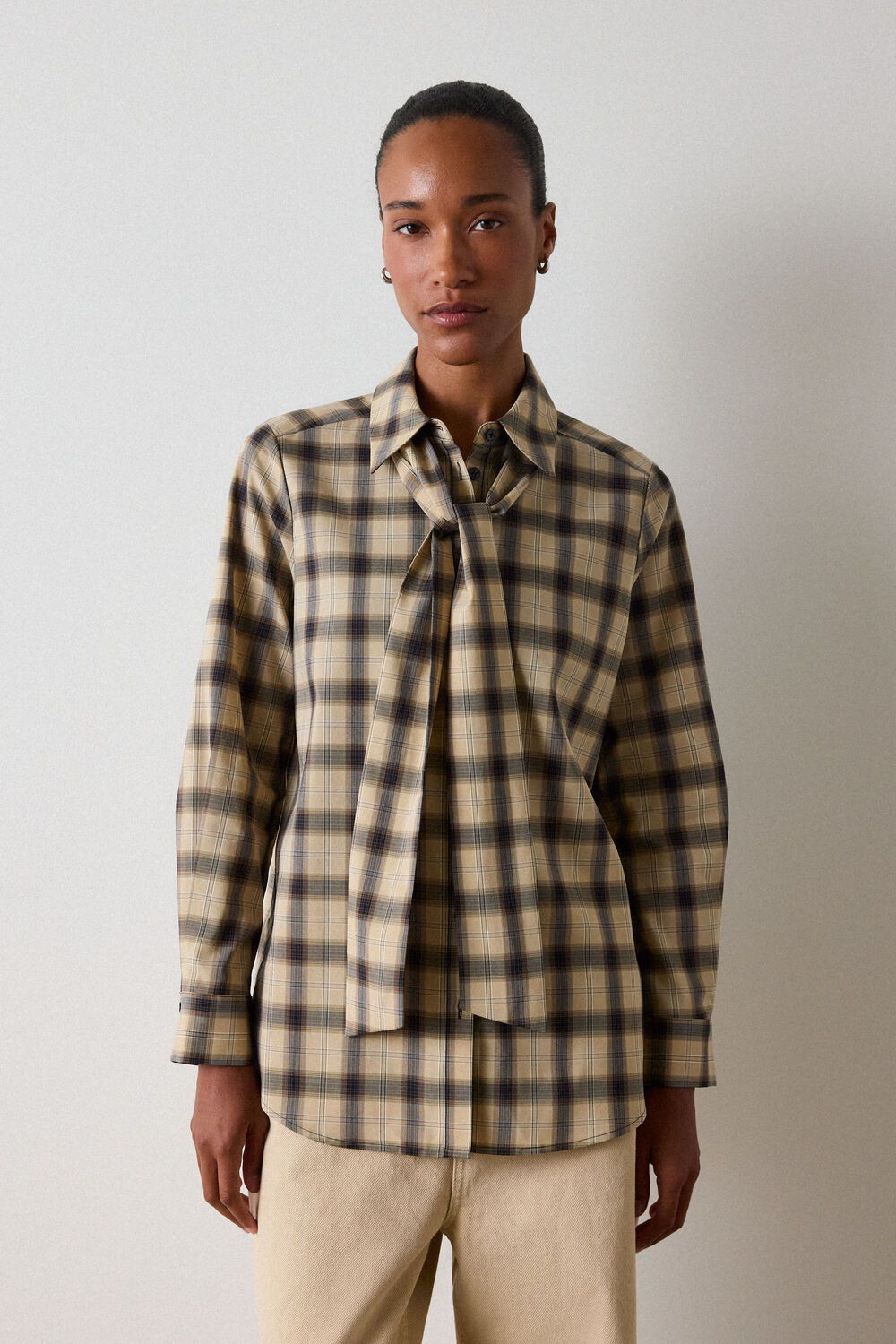 Brown Detachable Scarf Check Shirt