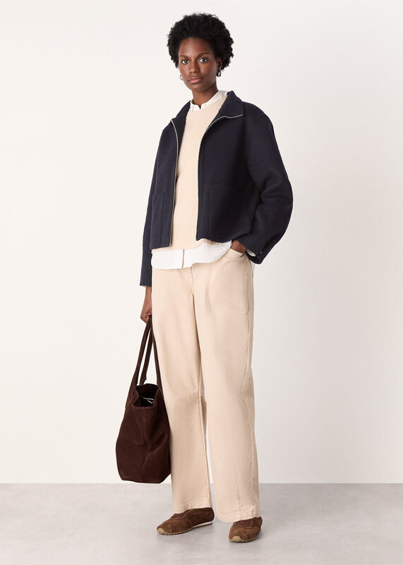 Navy Funnel Neck Double Face Jacket