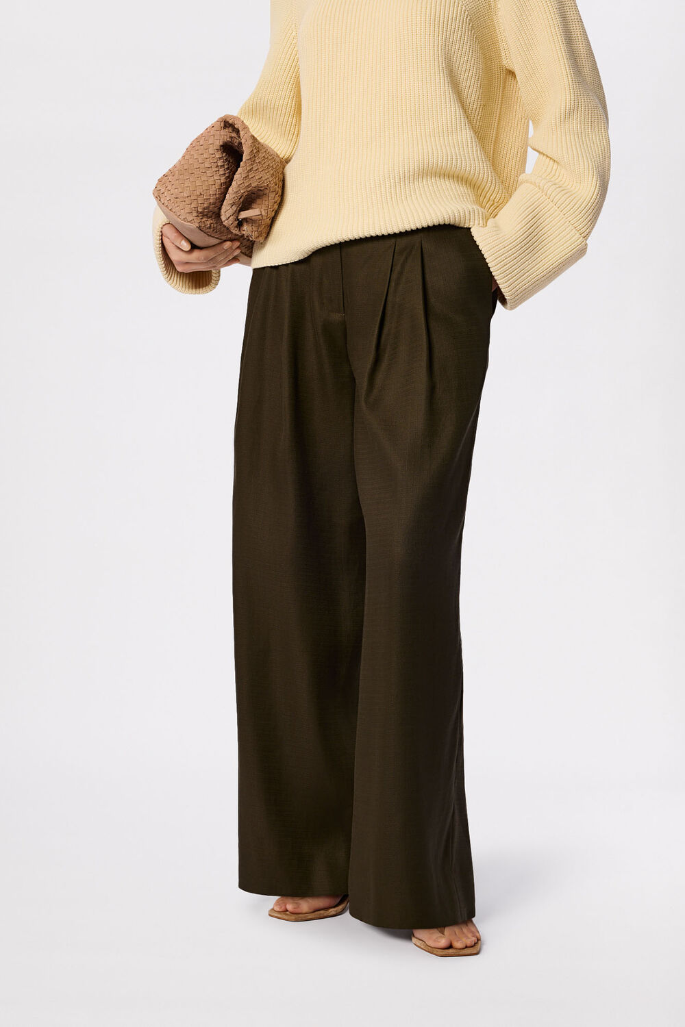 Khaki Wide Leg Hopsack Trouser