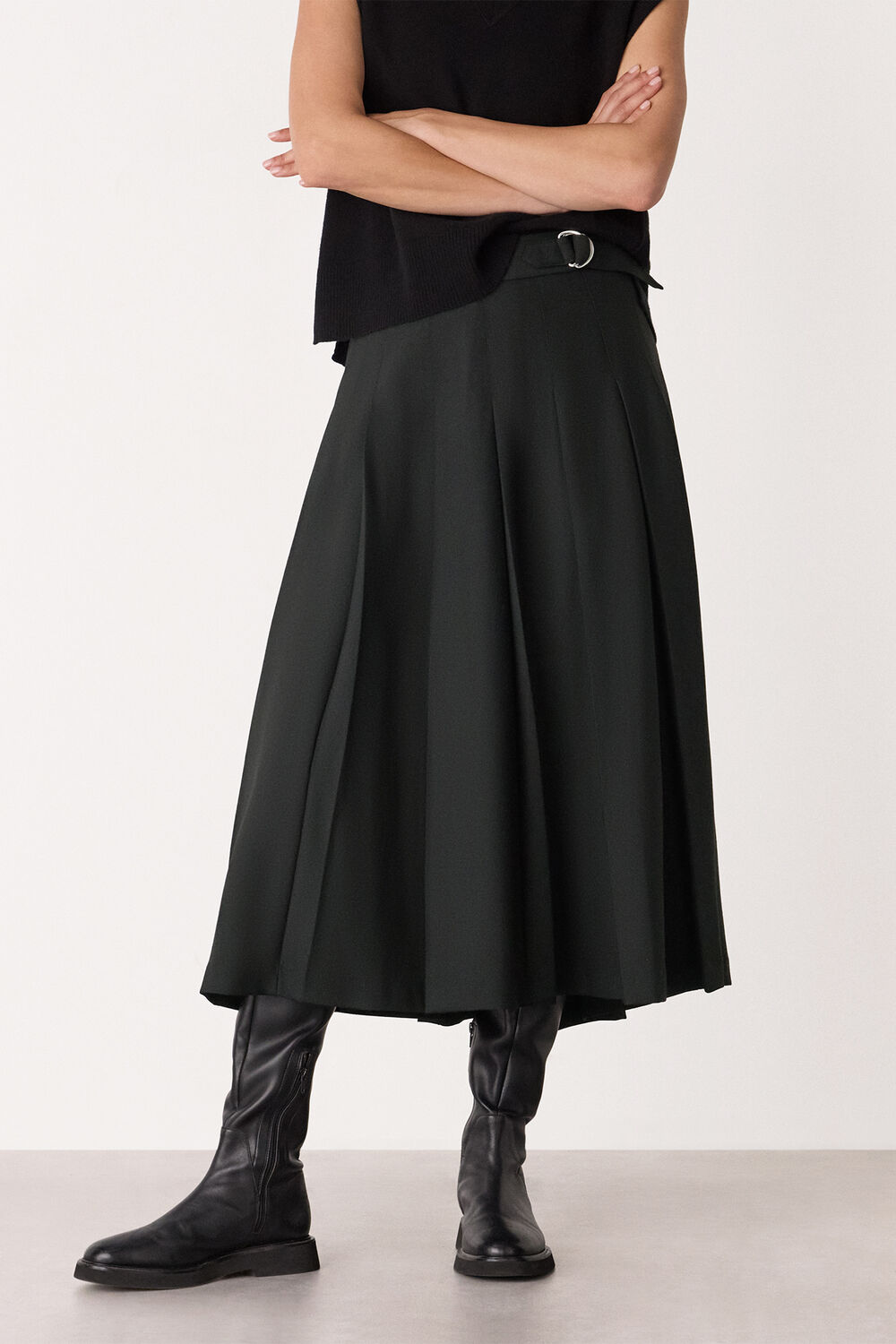 Black Wool Blend Pleated Kilt Skirt