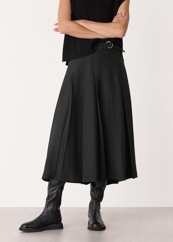 Black Wool Blend Pleated Kilt Skirt