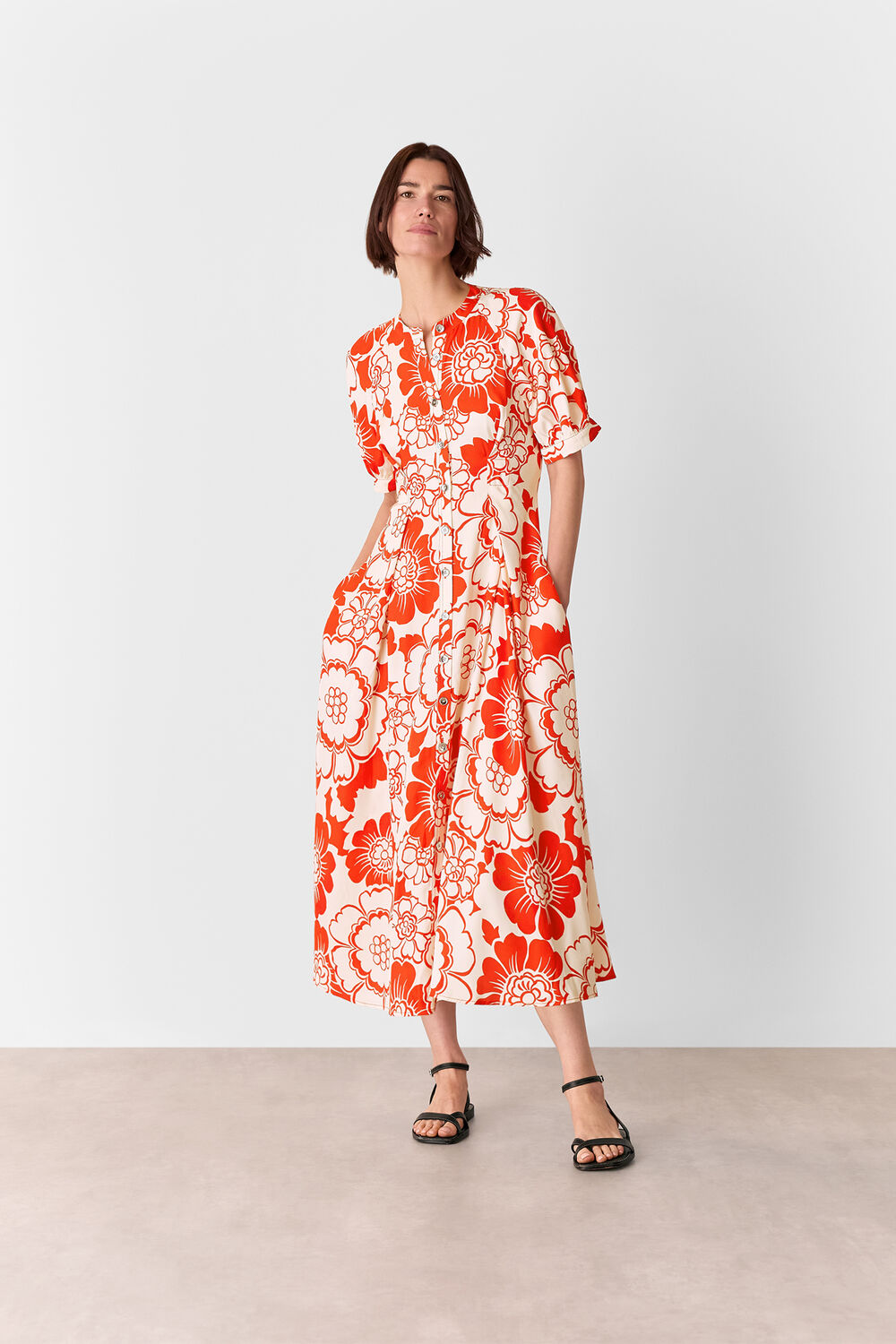 Red Bloom Floral Midi Dress