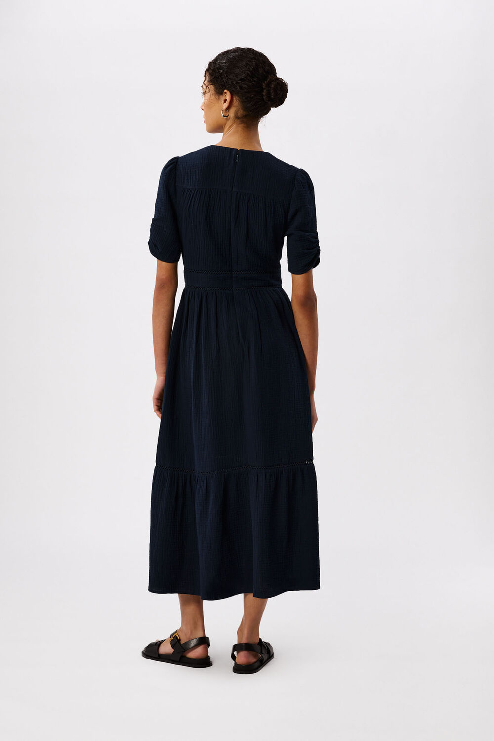 Navy V Neck Textured Midi Dress