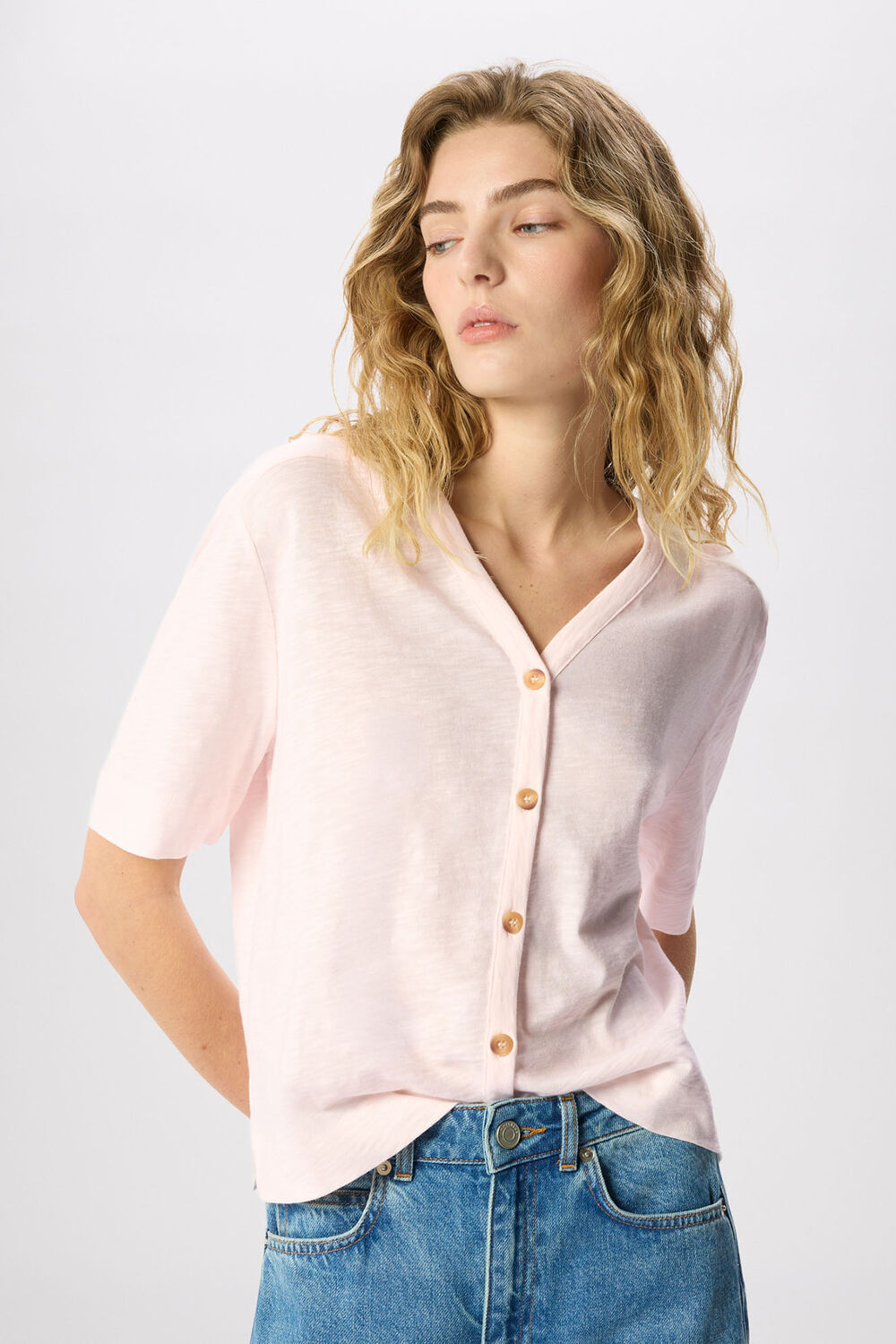 Pale Pink Ella V Neck Button Through Tee