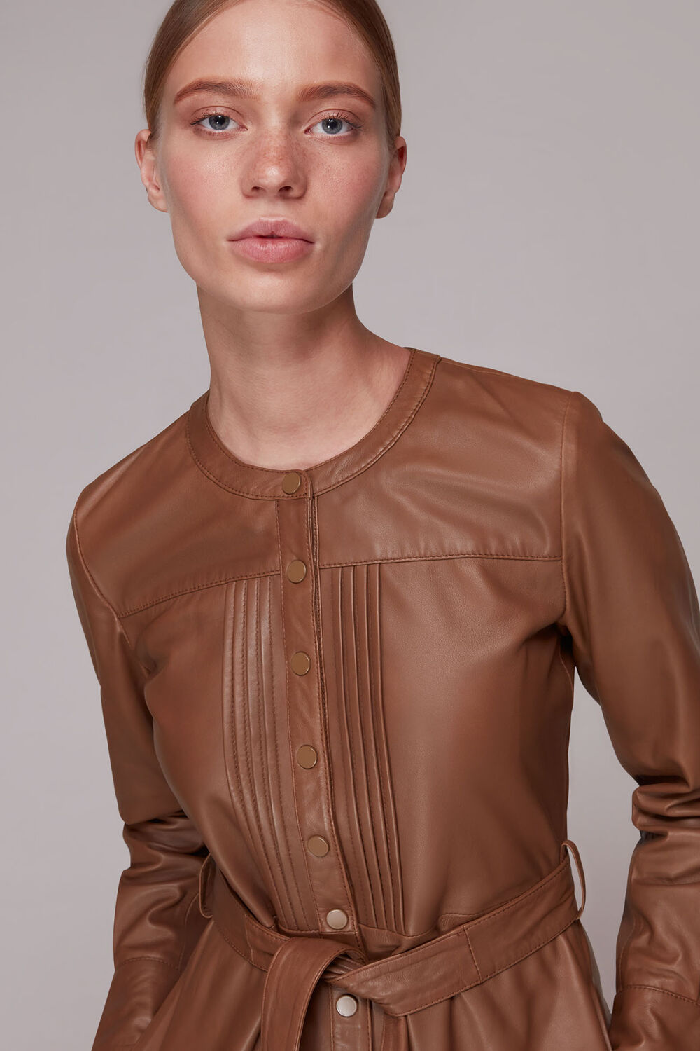 Toffee Pintuck Leather Midi Dress