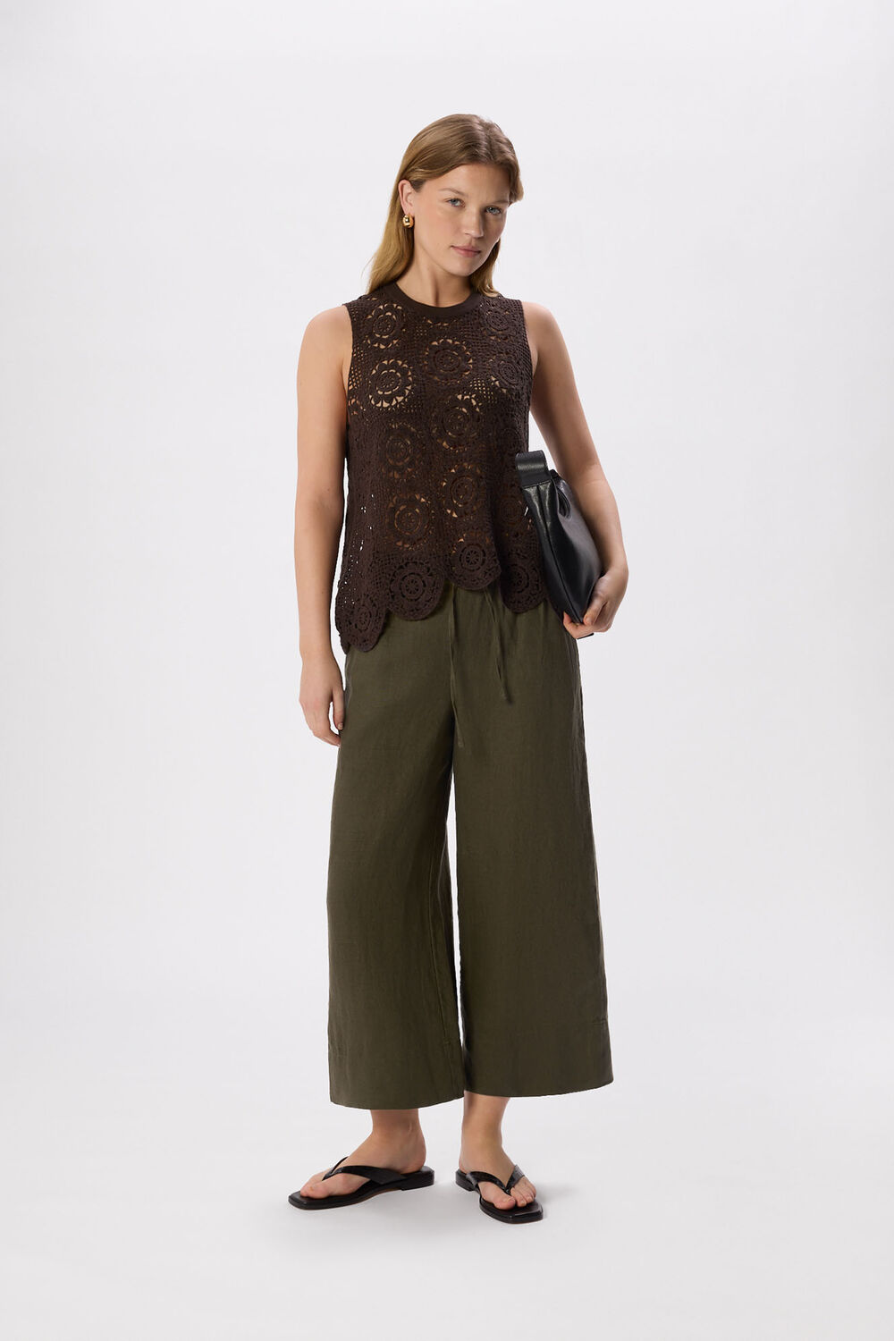 Khaki Elasticated Linen Crop Trouser