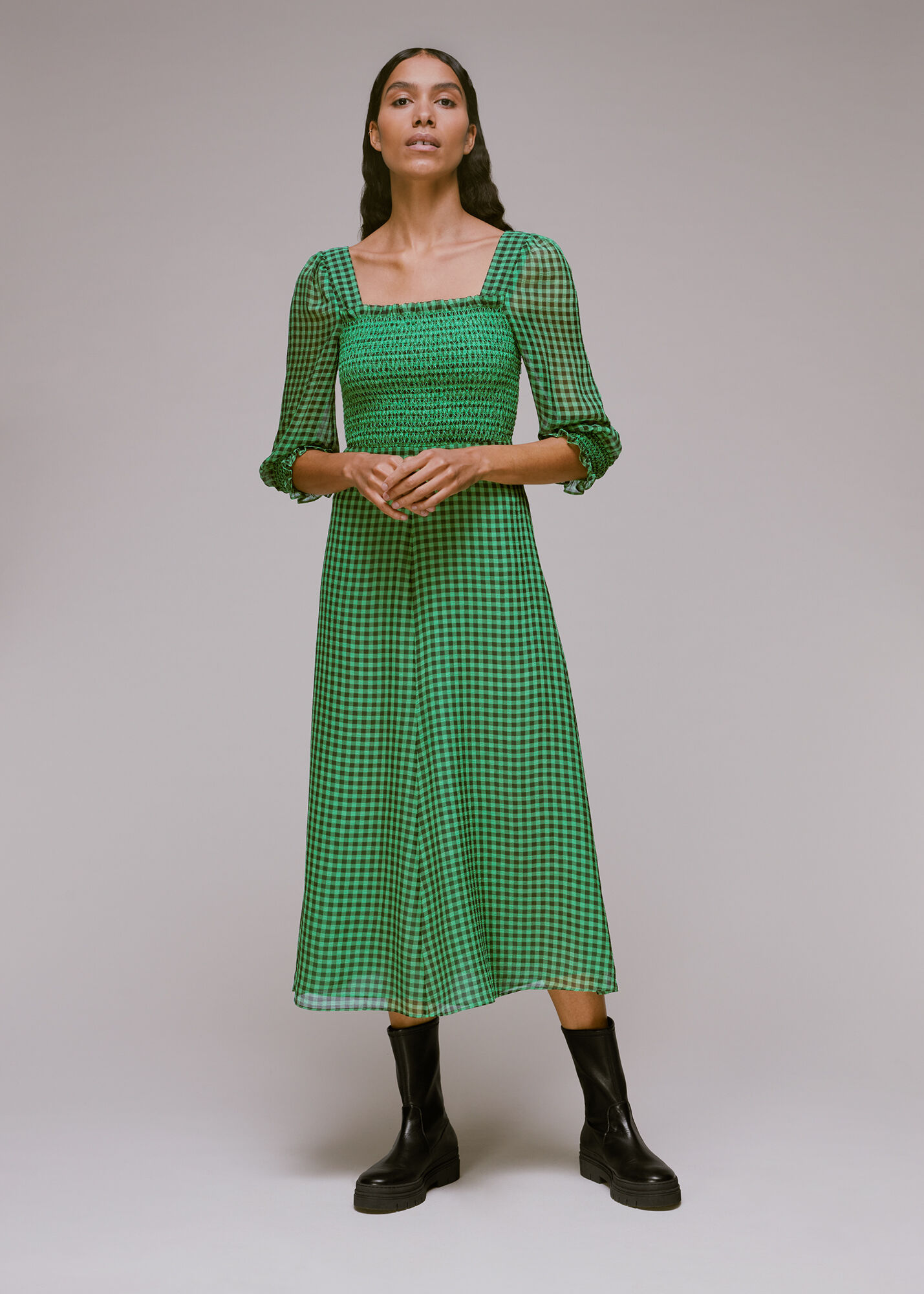 Green/Multi Lottie Gingham Shirred Dress WHISTLES