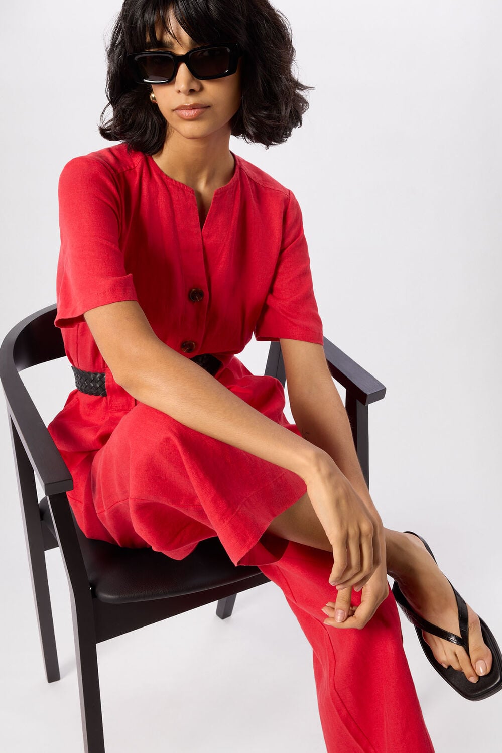 Red Fiona Linen Button Jumpsuit