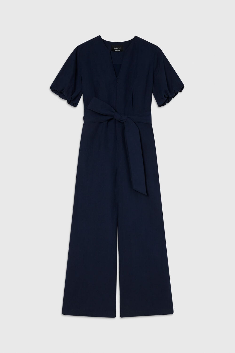 Navy Linen Blend Tie Waist Jumpsuit