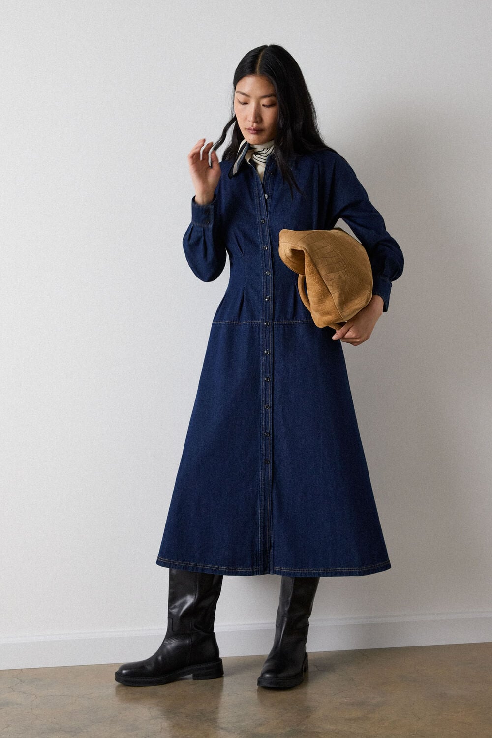 Dark Denim Waisted Midi Shirt Dress