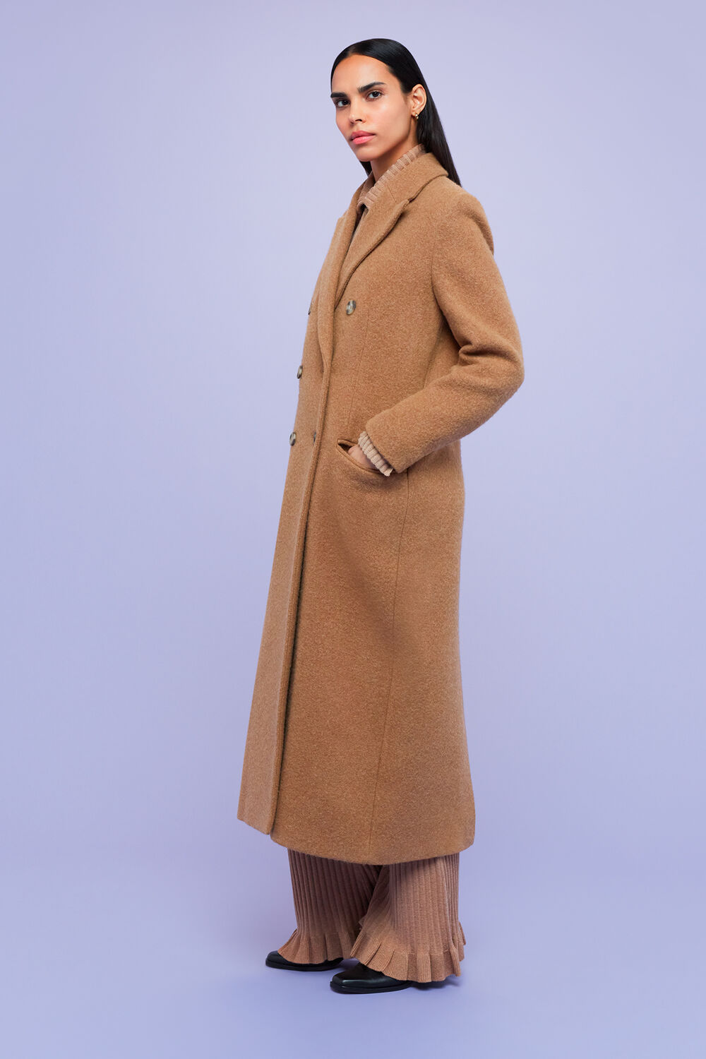 Camel Textured Wool Blend Coat