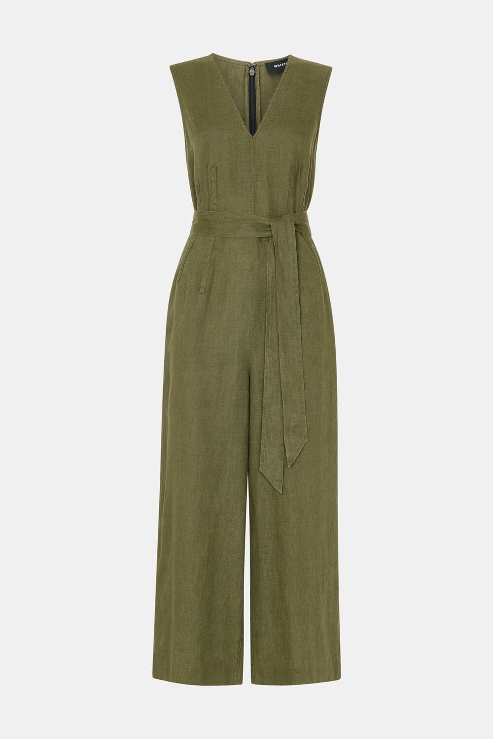 Khaki Belted Seamed Linen Jumpsuit