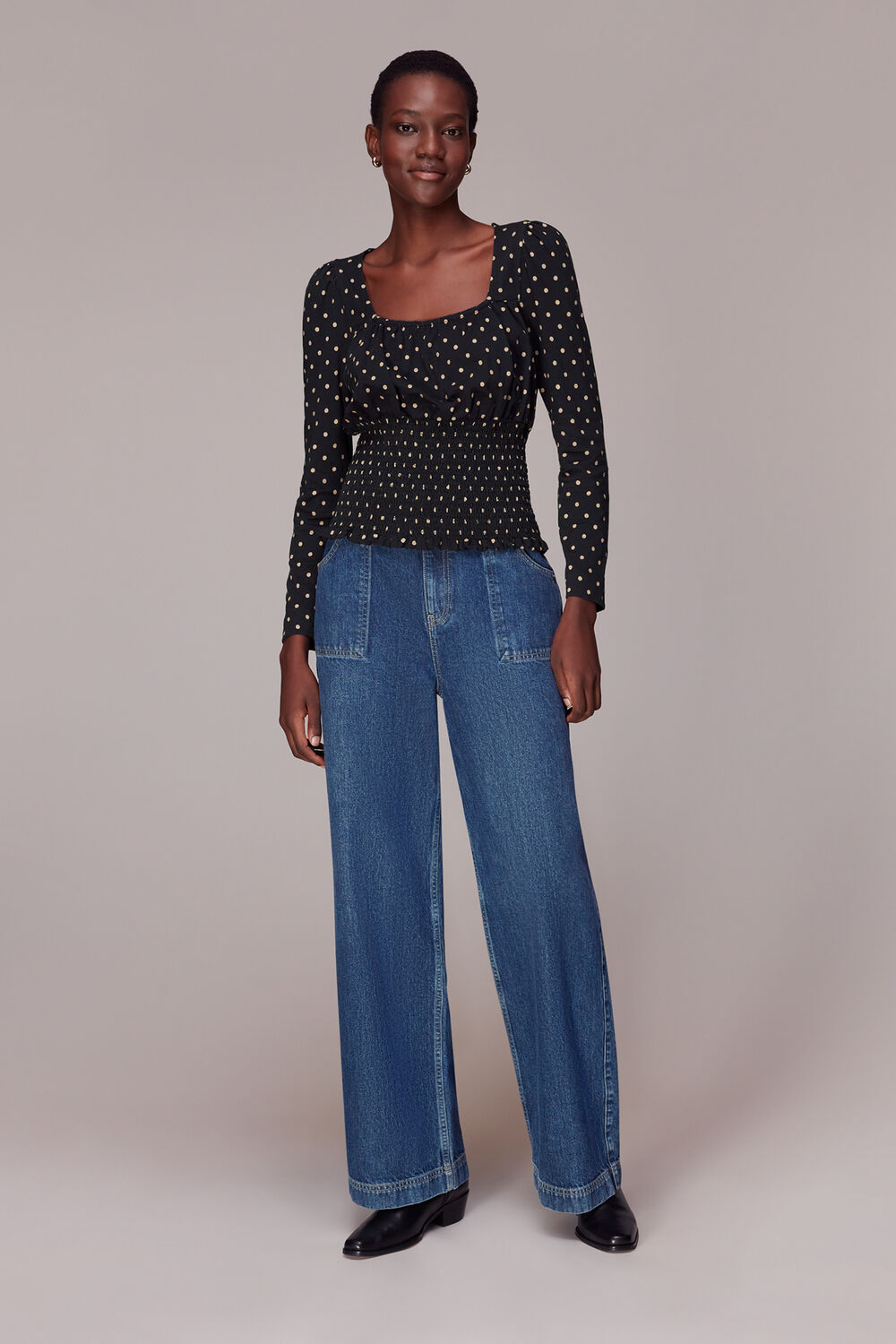 Spot Square Neck Shirred Top