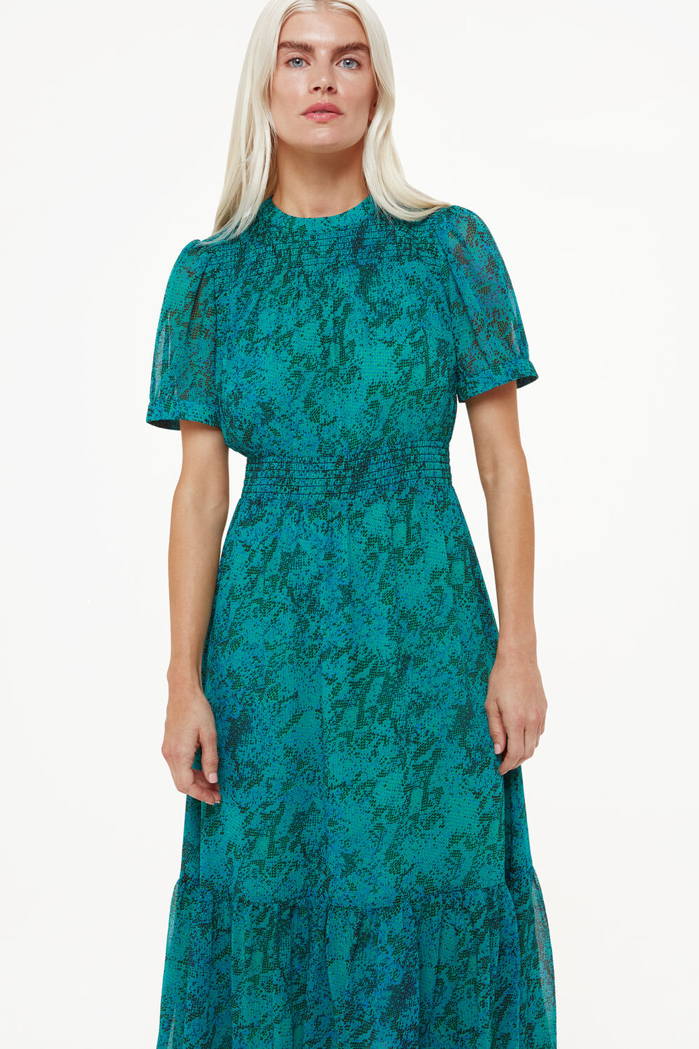 Teal Petite Diagonal Snake Shirred Dress
