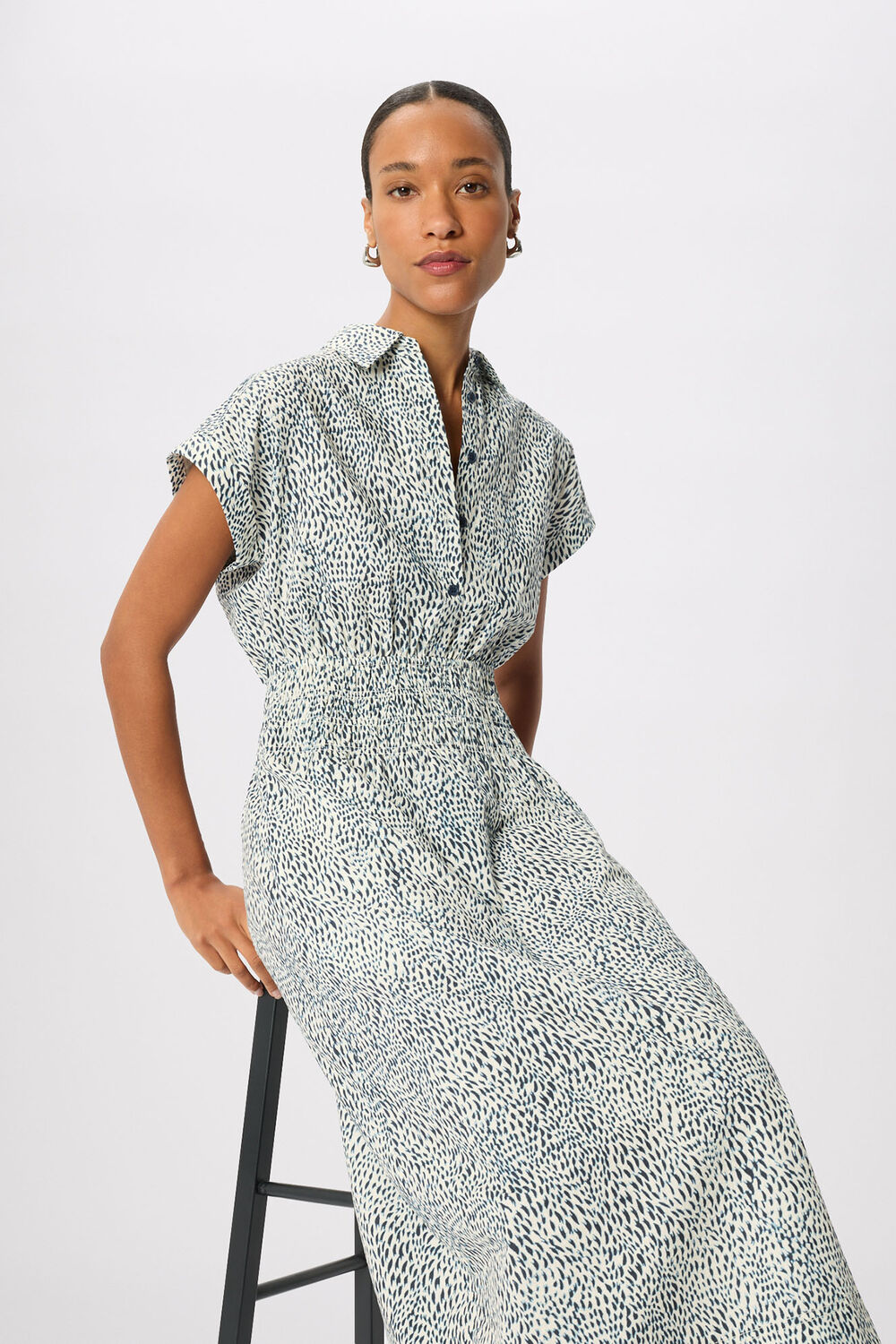 Navy Petite Flecked Animal Collared Dress