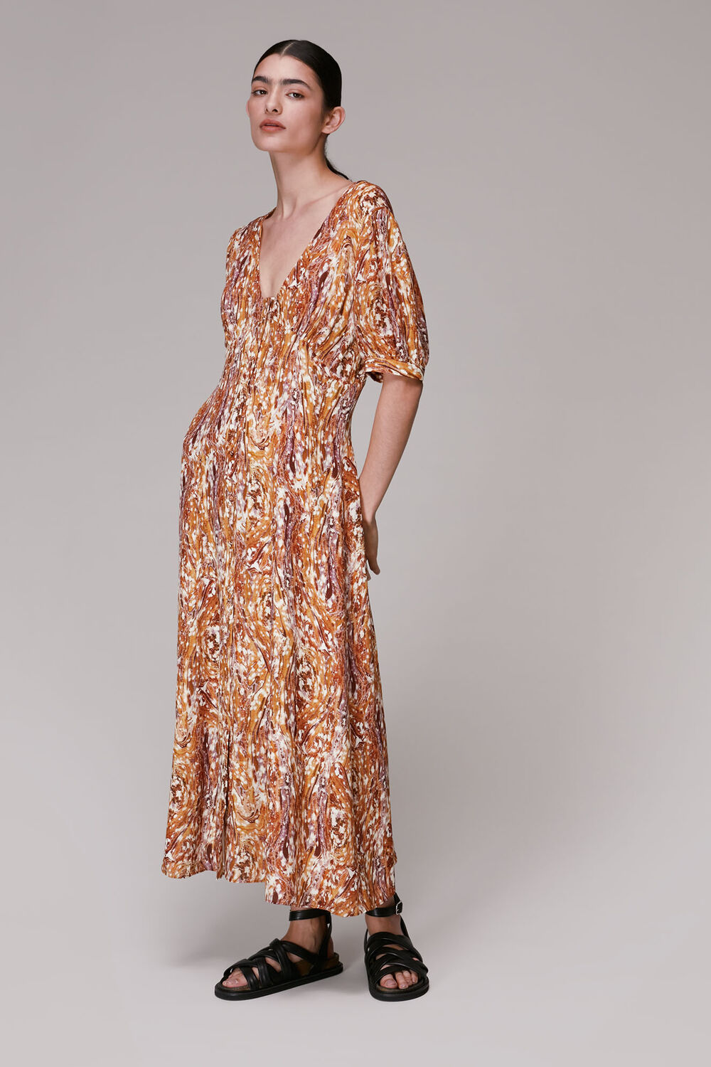 Multicolour Marble Print Silk Midi Dress