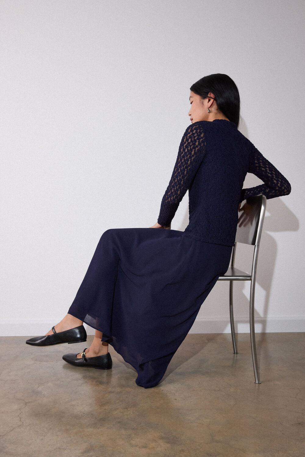 Navy Textured Drop Waist Midi Dress