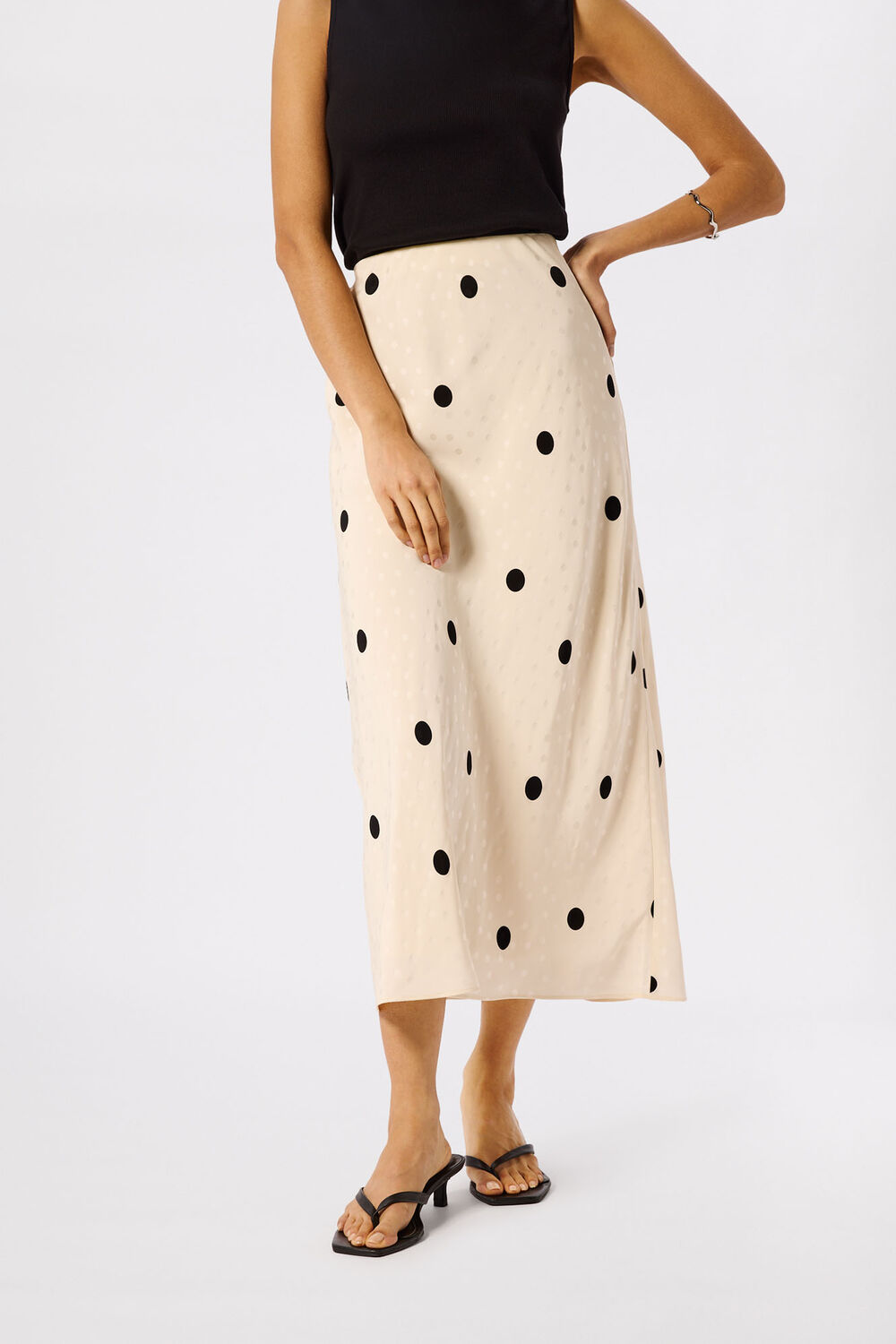Cream Jacquard Spot Satin Midi Skirt