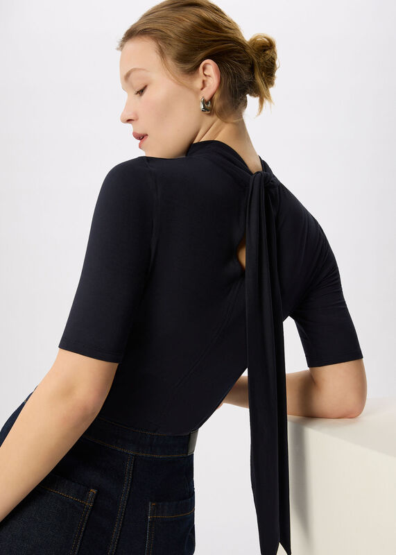 Navy Tie Neck Detail Top