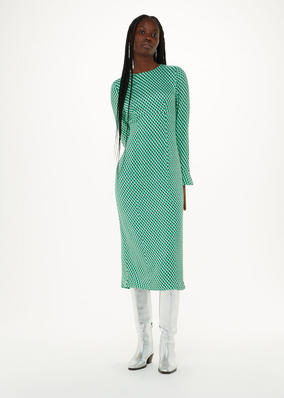 Green Crosshatch Print Minimal Dress