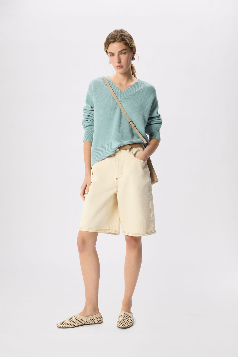 Blue Cotton V Neck Relaxed Knit
