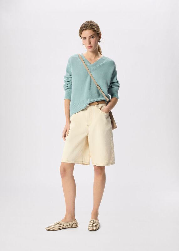 Blue Cotton V Neck Relaxed Knit