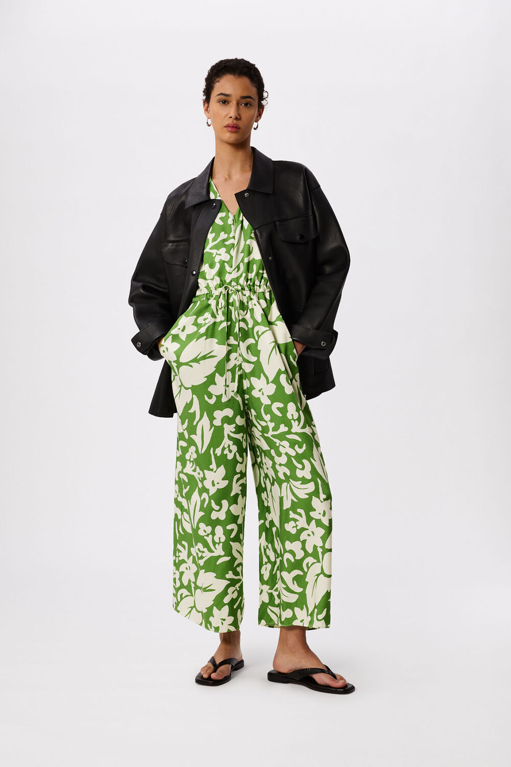 Green Floral Tie Waist Jumpsuit