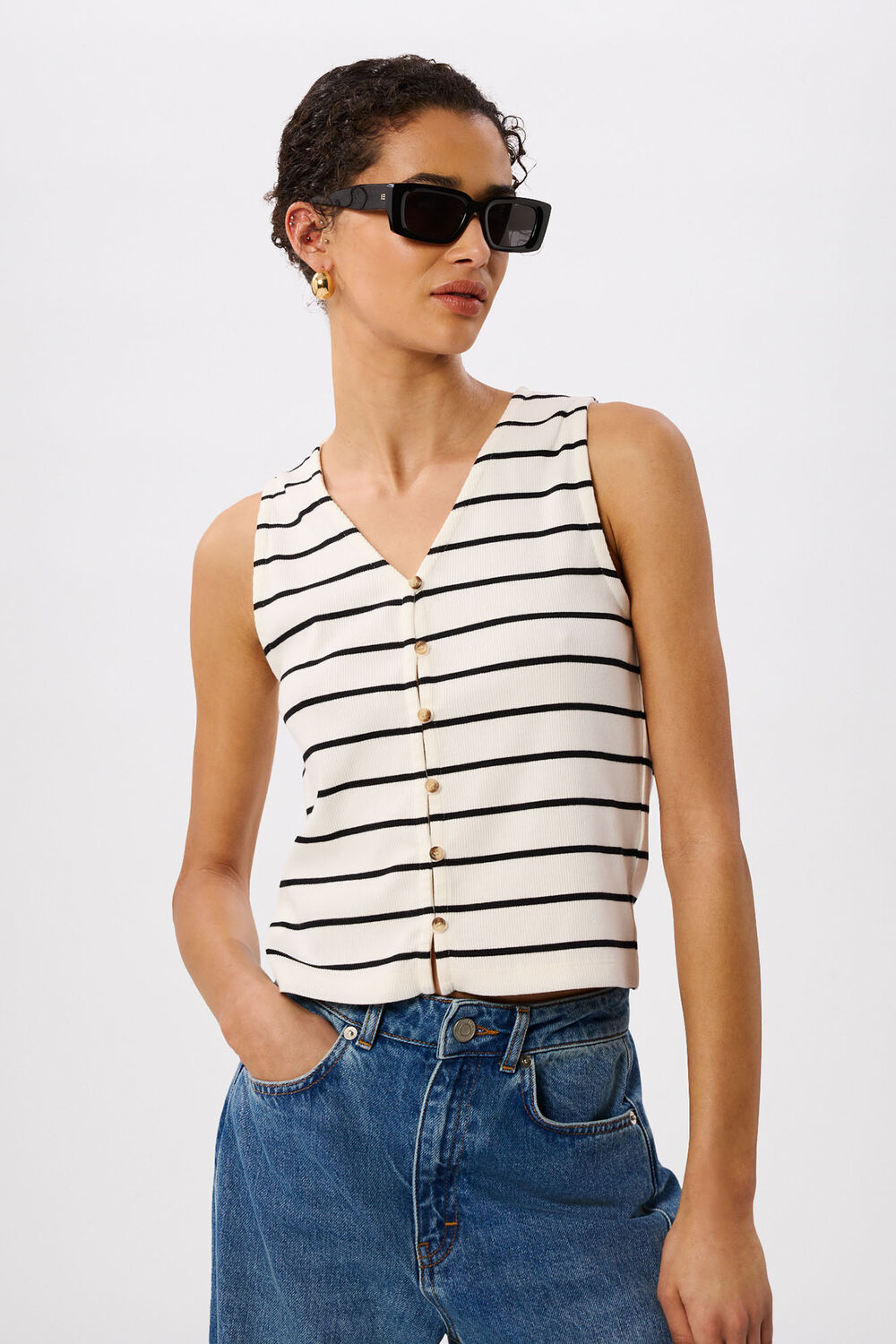 Multicolour Stripe Button Front Tank