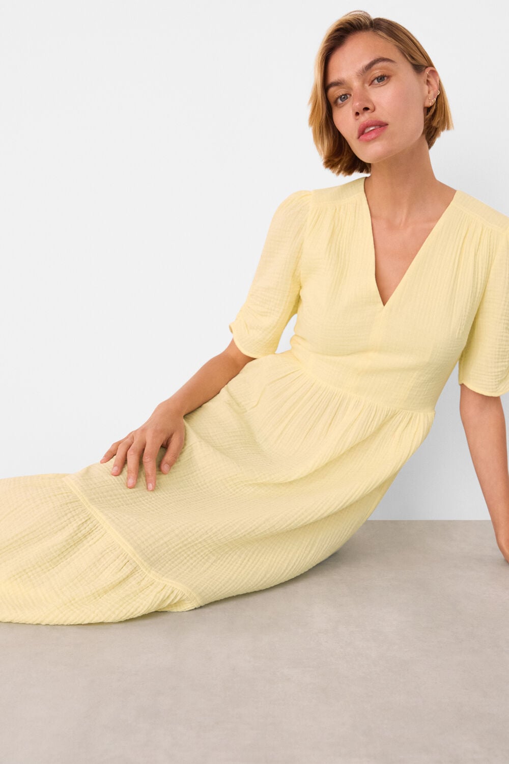 Yellow Textured Cotton Midi Dress