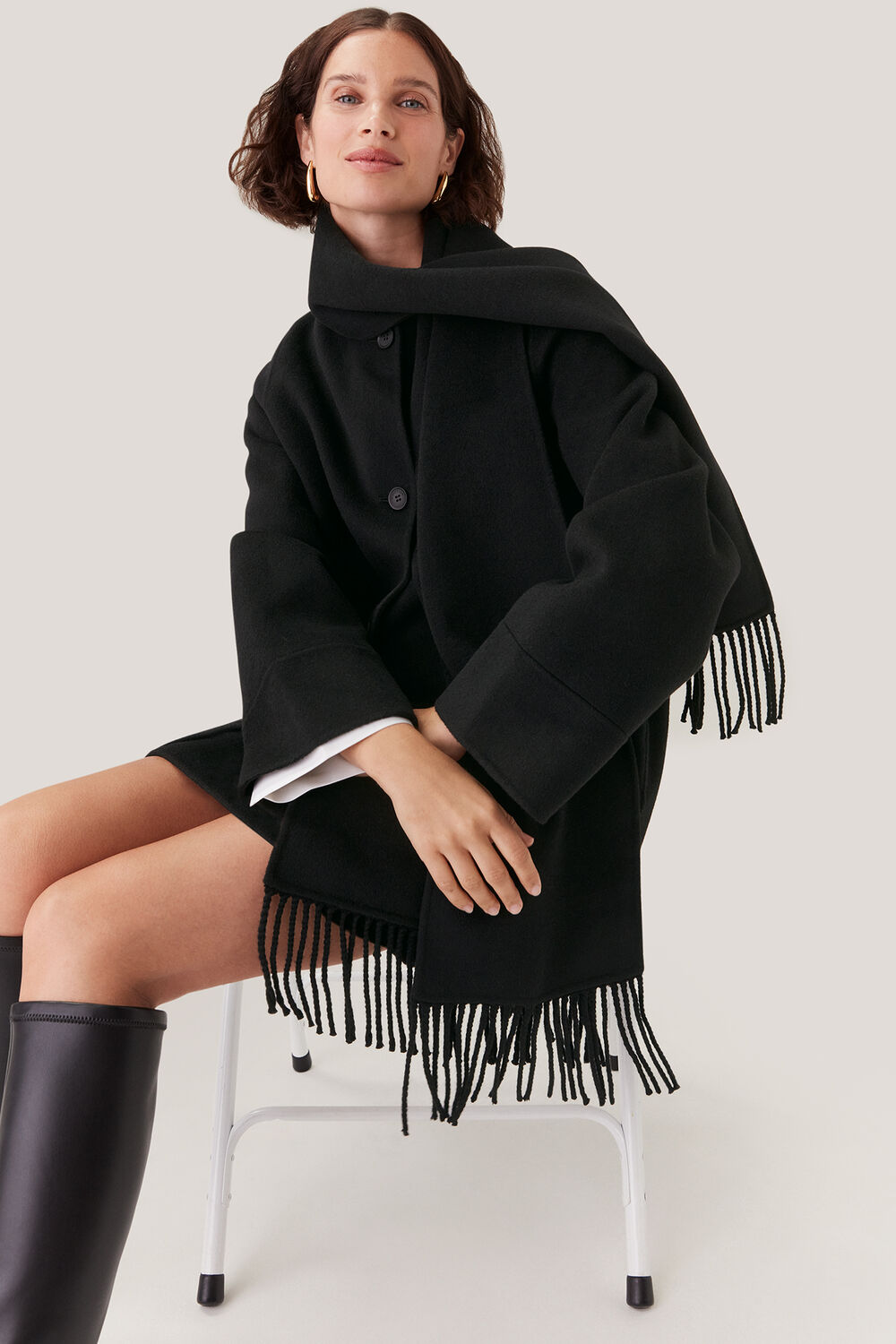 Black Double Face Wool Fringe Coat