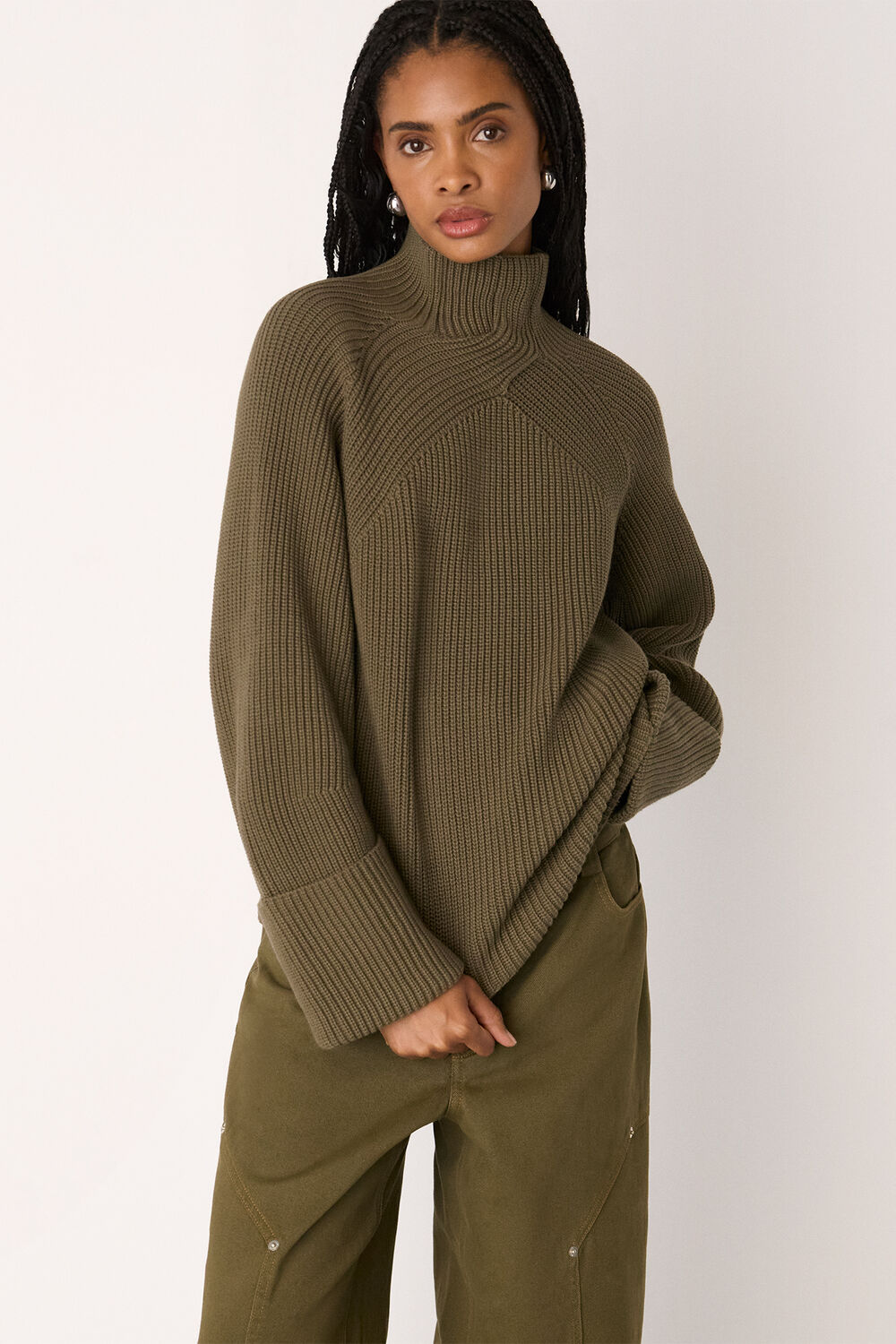 Khaki Rib Cable High Neck Jumper
