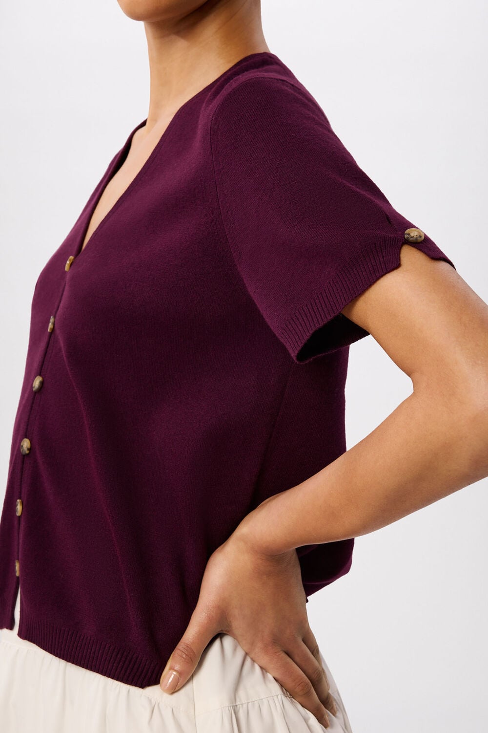 Plum Short Sleeve Button Front Knit